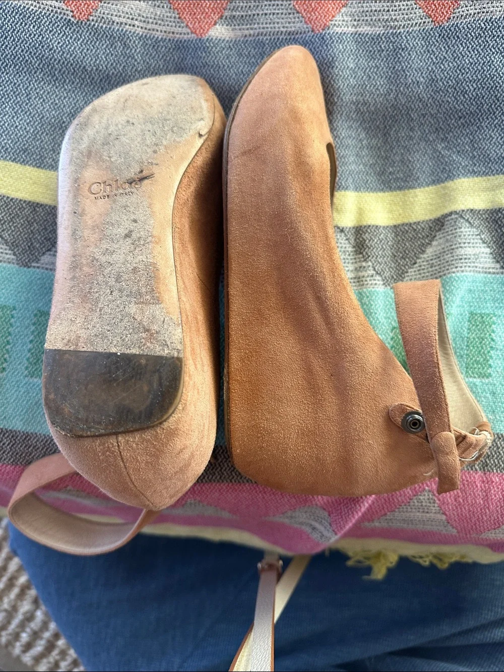 Chloe Tan Suede Pointed Flats with Ankle Strap